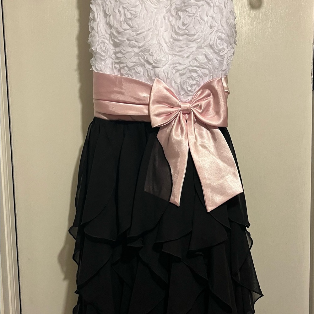Rare Editions White Rosette Bodice Black Ruffled Skirt Dress with Pink Satin Bow